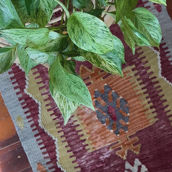 Handwoven Turkish Kilim Rug – Geometric Tribal Design in Burgundy, Olive Green, and Gray – Small Vintage-Style Area Rug – Artisan-Made Home Decor