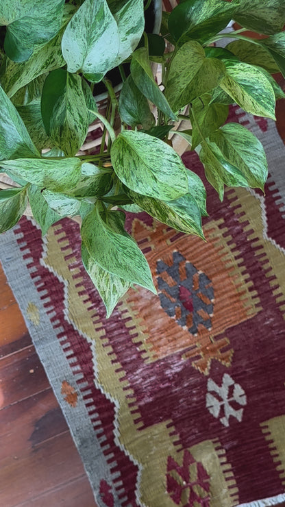 Handwoven Turkish Kilim Rug – Geometric Tribal Design in Burgundy, Olive Green, and Gray – Small Vintage-Style Area Rug – Artisan-Made Home Decor