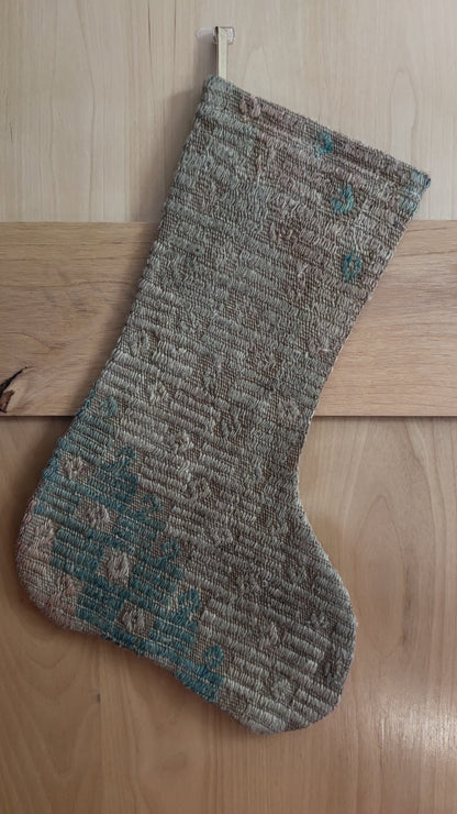 light blue and cream handmade Turkish  Christmas stocking featuring faint embroidered design