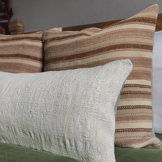 12 by 36 inch cream lumbar pillow made in Turkey from a hemp material