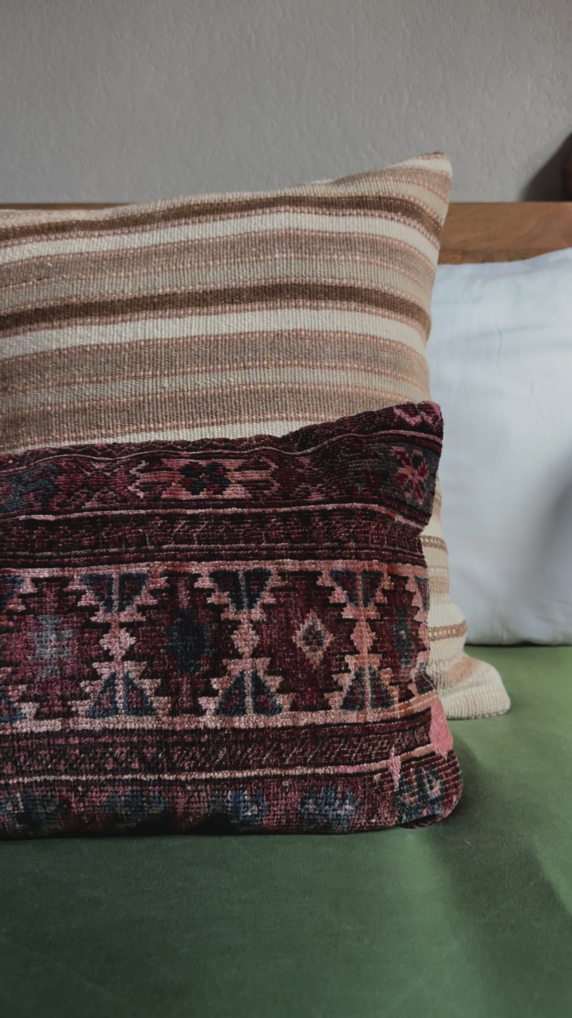 12 by 36 inch Turkish lumbar pillow insert featuring a velvet soft low pile and a maroon and navy geometric design throughout