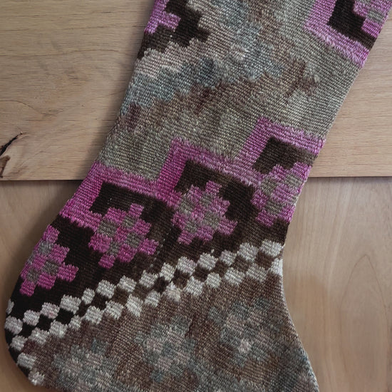 brown and pink handmade Turkish Christmas stocking up-cycled from old Turkish rug fragments