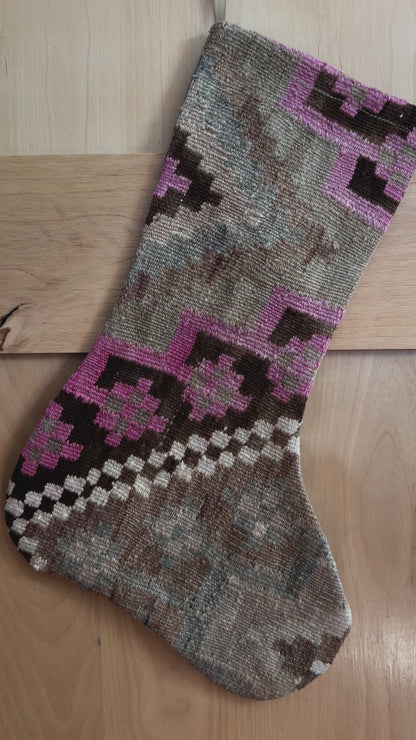 brown and pink handmade Turkish Christmas stocking up-cycled from old Turkish rug fragments