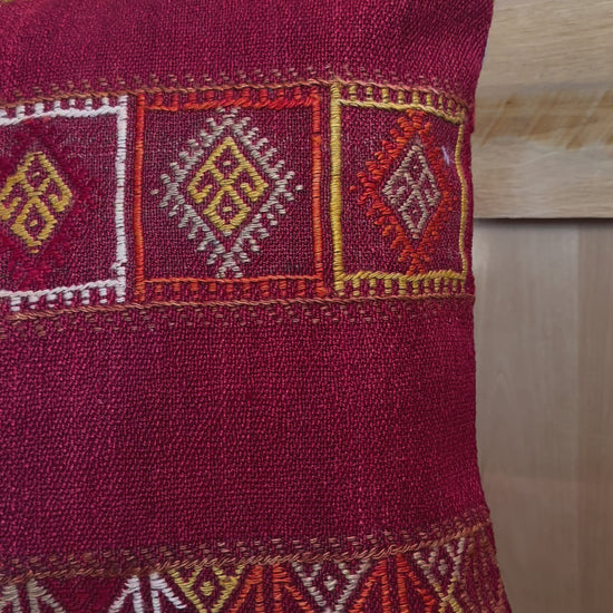 Handwoven red and orange sherbet Turkish throw pillow, 20x20 inches, wool front with geometric design and pops of white, cotton backing—boho home decor.