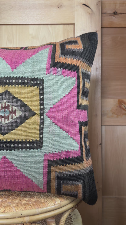 Pink and Green Geometric Turkish Kilim Throw Pillow, 26 x 26